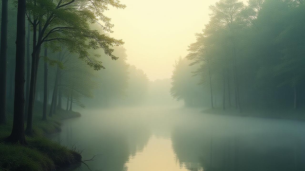 고요한 숲과 잔잔한 호수의 풍경, 자연 속에서의 평화로운 명상