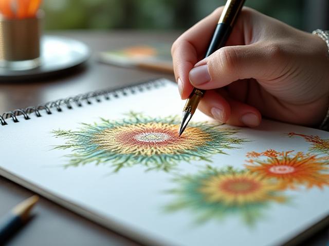 프랙탈 패턴을 스케치하는 참가자들의 손과 완성된 프랙탈 아트 작품