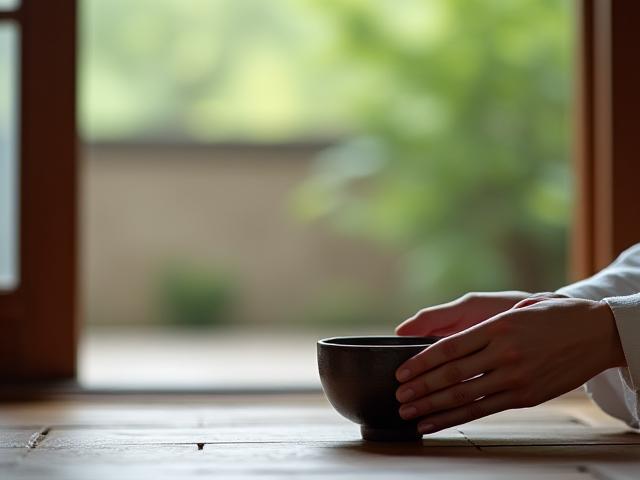 고요한 한옥 마당에서 따뜻한 차를 마시는 모습
